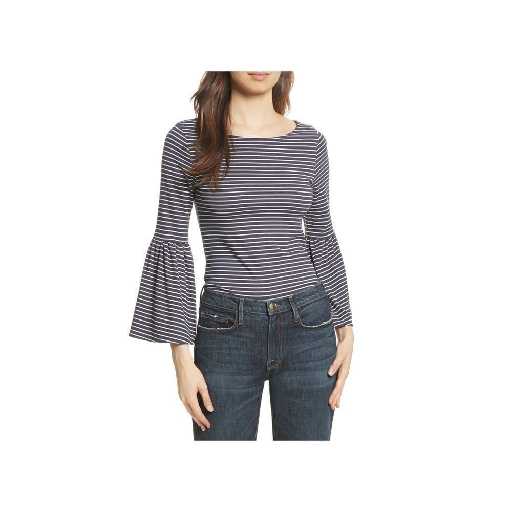 FRAME Boat-neck Bell-sleeve Striped Top In Dark Navy Multi Size Large